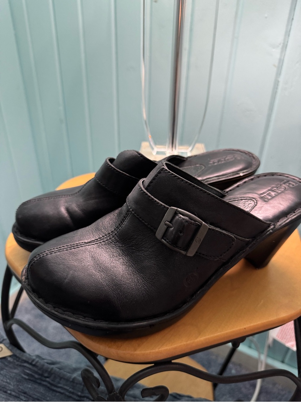 Born Black Leather Slip-On Clogs with Buckle Heel
